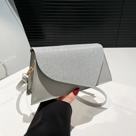 Damen Minimalistische PU Leder Kleine Quadratische Tasche Glitzer Klappe Kontrastnähte Schulter Umhängetasche Party Handtasche
