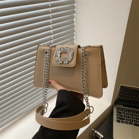 Women Fashion PU Leather Rhinestone Buckle Underarm Bag Chain Shoulder Crossbody Bag Elegant Trendy Small Square Handbag