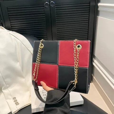 Damen Vintage Kontrastfarbe Schachbrett Schultertasche PU Leder Goldkette Trageriemen Crossbody Quadratische Messenger Bag