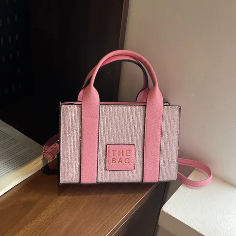 Mini Sac Tote pour Femmes en Cuir PU Pailleté Avec Patch THE BAG Sac Bandoulière Contrasté Sac à Main