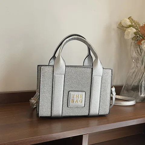 Mini Sac Tote pour Femmes en Cuir PU Pailleté Avec Patch THE BAG Sac Bandoulière Contrasté Sac à Main