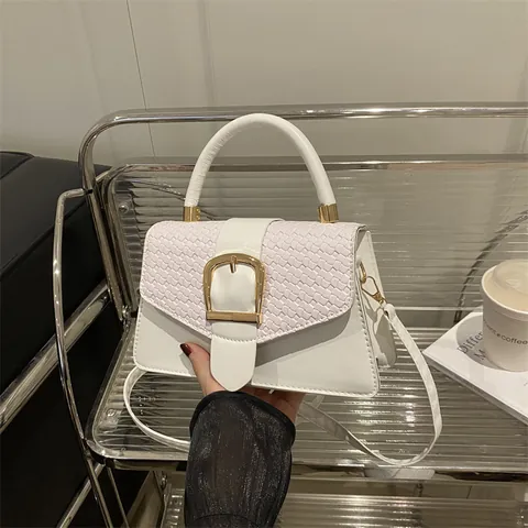 Bolso Bandolera de Mujer Cuero PU con Solapa Tejida Hebilla Dorada Bolso de Mano Cuadrado Pequeño Bolso de Hombro Moda