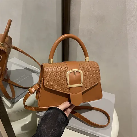 Bolso Bandolera de Mujer Cuero PU con Solapa Tejida Hebilla Dorada Bolso de Mano Cuadrado Pequeño Bolso de Hombro Moda