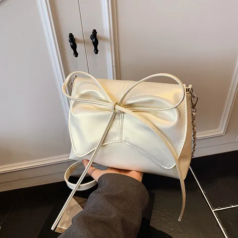 Bolso de Hombro de Cuero PU para Mujer con Decoración de Lazo Bolso Bandolera Elegante con Correa de Cadena de Metal