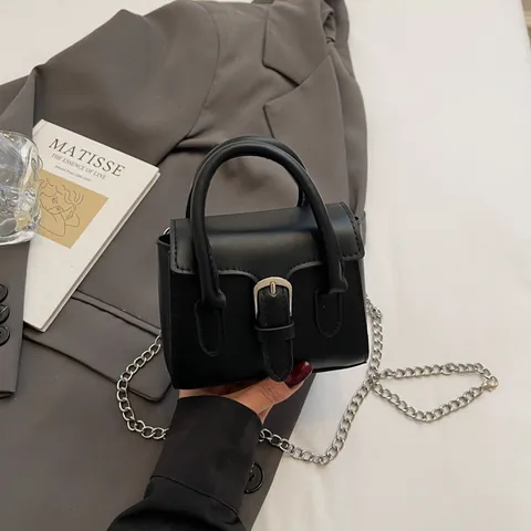 Mini Borsa a Tracolla Quadrata in Pelle PU Minimalista Per Donna Piccola Borsa a Spalla Moda Con Tracolla a Catena Argento