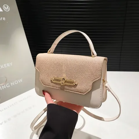 Bolso de Hombro para Mujer de Cuero PU Patchwork Tejido Color de Contraste Con Cierre de Metal Dorado Bandolera Pequeña