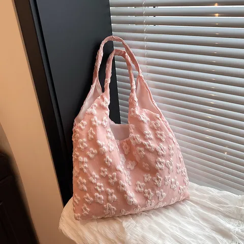 Women's 3D Floral Jacquard Tote Bag Fabric Large Capacity Shoulder Handheld Fresh Artistic Fashion Casual Shopping Bag