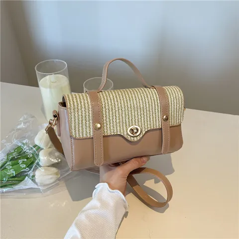 Women Fashion Splicing Woven PU Leather Shoulder Bag Small Square Crossbody Bag With Gold Metal Lock Hand Carry Top Handle Purse