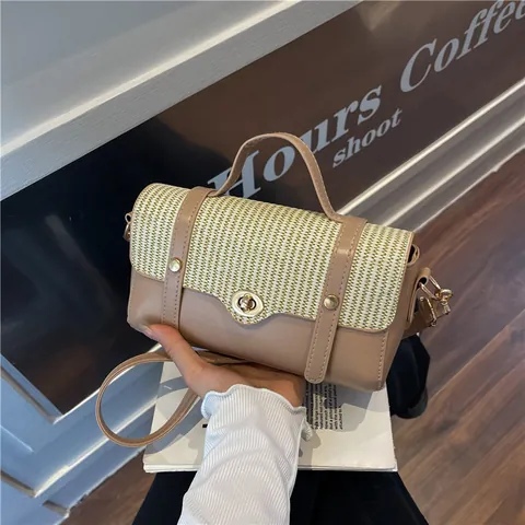 Women Fashion Splicing Woven PU Leather Shoulder Bag Small Square Crossbody Bag With Gold Metal Lock Hand Carry Top Handle Purse