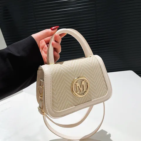 Damen Mode Gewebte PU Leder Umhängetasche Gold M Logo Handtasche Patchwork Quadrat Klein Klapptasche Mit Griff Retro Schultertasche