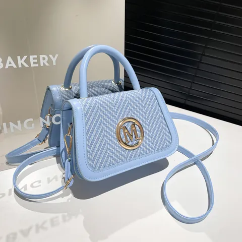 Damen Mode Gewebte PU Leder Umhängetasche Gold M Logo Handtasche Patchwork Quadrat Klein Klapptasche Mit Griff Retro Schultertasche