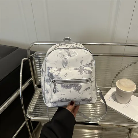 Mochila de Moda Mini para Mujer Cuero de PU Estampado de Mariposa Bolso de Hombro Pequeño Versátil Diario Plata Rosa