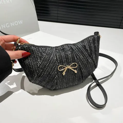 Bolso Bandolera de Mujer Casual de Paja Tejida de Media Luna Con Lazo Correa de Cuero PU Vacaciones de Playa de Verano