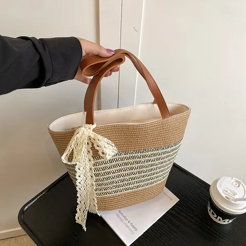 Women Fashion Straw Woven Tote Bucket Bag With PU Leather Strap Lace Bow Striped Summer Beach Vacation Shoulder Handbag