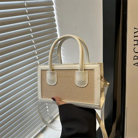 Women Vintage Contrast Color PU Leather Canvas Handbag Elegant Small Square Shoulder Crossbody Bag Adjustable Strap
