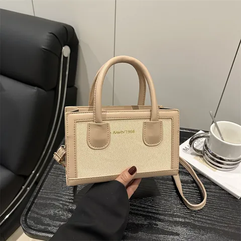 Women Vintage Contrast Color PU Leather Canvas Handbag Elegant Small Square Shoulder Crossbody Bag Adjustable Strap