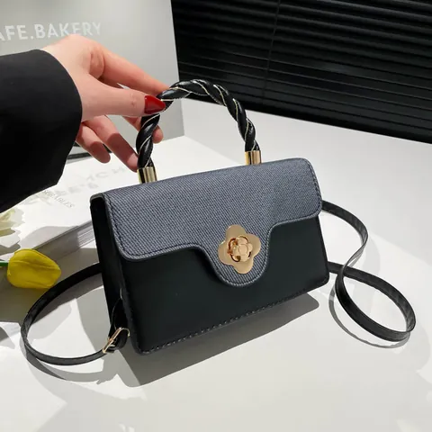 Women Fashion Crossbody Bag PU Leather Contrast Color Flower Lock Woven Handle Top Handle Small Square Bag Satchel
