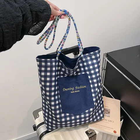 Gingham Leinwand Einkaufstasche Damen Doppelseitige Umhängetasche Bunte Gewebte Träger Kontrasttasche Retro Lässig