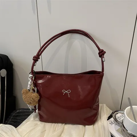 Women Glossy PU Leather Underarm Shoulder Bag With Bow Metal Decoration Versatile Solid Color Tote Handbag For Wedding Daily Casual