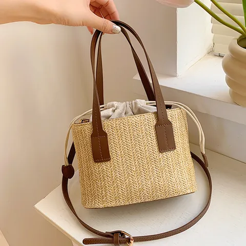 Women Casual Straw Woven Handbag Summer Vacation Shoulder Crossbody Tote Bag With Leather Strap And Drawstring Inner Pouch