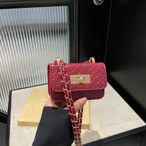 Mini Bolso Bandolera de Cuero PU con Patrón Tejido para Mujer Correa de Cadena de Metal de Lujo Estuche para Lápiz Labial Bolso Cuadrado Pequeño con Solapa