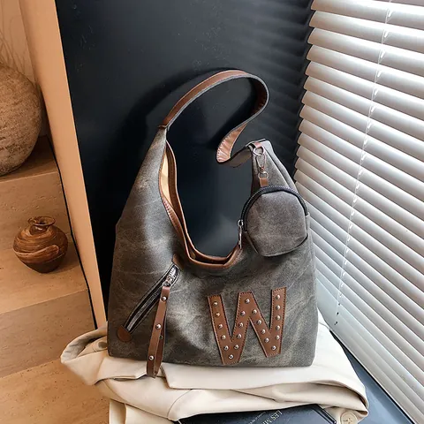 Bolso Tote de Lona y Cuero PU de Gran Capacidad Vintage Y Monedero Con Remaches Letra W Mujer Bolso de Hombro Para Escuela Trabajo