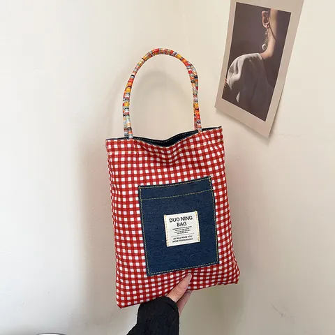 Sac Cabas Vintage en Denim pour Femmes Avec Anses Tressées Colorées Grande Capacité Sac à Main Décontracté Doublure à Carreaux
