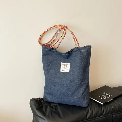 Sac Cabas Vintage en Denim pour Femmes Avec Anses Tressées Colorées Grande Capacité Sac à Main Décontracté Doublure à Carreaux