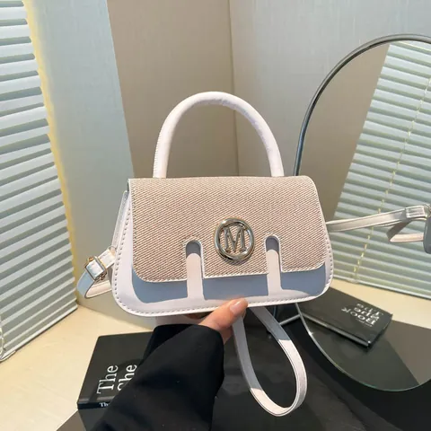 Patchwork PU Leather Crossbody Bag For Women Fashion Metal M Logo Small Square Handbag With Adjustable Strap Daily Office Shoulder Bag