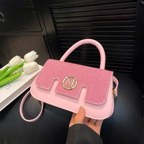 Patchwork PU Leather Crossbody Bag For Women Fashion Metal M Logo Small Square Handbag With Adjustable Strap Daily Office Shoulder Bag