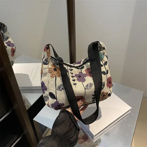 Vintage Floral Canvas Crossbody Bag For Women Jacquard Hobo Shoulder Bag Adjustable Strap Small Casual Travel Handbag