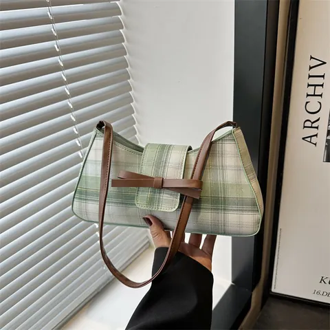 Retro Plaid Underarm Bag For Women Vintage Bowknot Checkered Baguette Shoulder Bag Casual Fabric Handbag Sweet Cool Y2K Style Commuter Purse