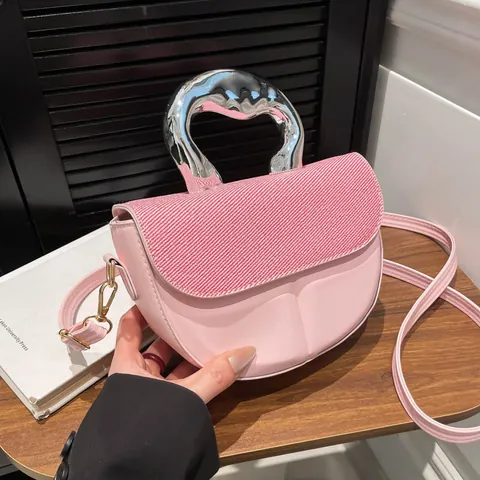 Women Urban Simple Saddle Bag PU Leather Patchwork Crossbody Bag With Irregular Metal Handle Fashion Versatile Small Handbag