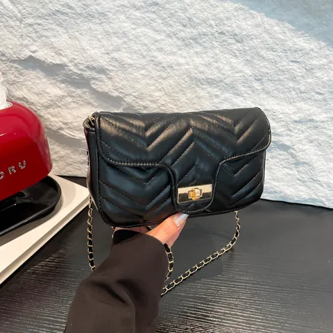 Bolso Bandolera de Cuero PU Acolchado para Mujer Con Patrón de Chevron Cerradura de Metal Cadena Dorada Bolso Cuadrado Pequeño