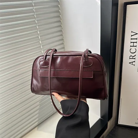 Bolso de Axila de Cuero PU Vintage para Mujer Gran Capacidad Bolso de Hombro Minimalista Color Sólido Bolso Bowling Diario