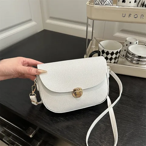 Bolso de Silla de Cuero PU de Lichi de Estilo Francés para Mujer Bolso de Bandolera Pequeño de Color Sólido de Moda Cierre Metálico Bolso de Hombro