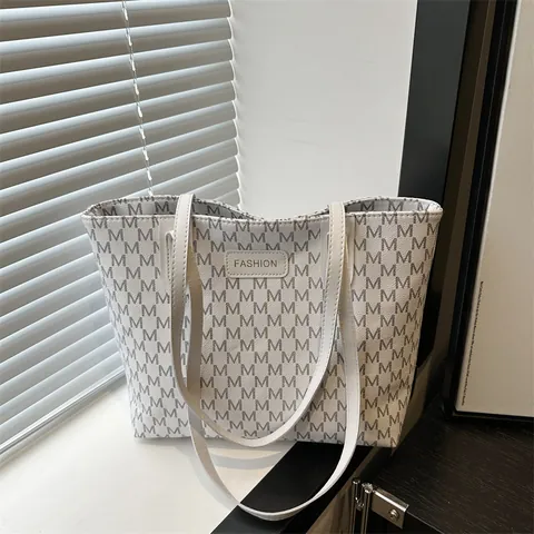 Sac Cabas Femme Grande Capacité en Cuir PU Imprimé Monogramme Lettre M Sac à Épaule pour Trajet Quotidien Sac à Main