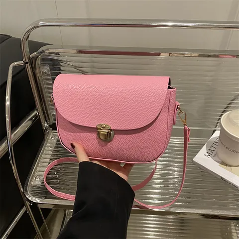 Bolso de Silla de Cuero PU de Lichi de Estilo Francés para Mujer Bolso de Bandolera Pequeño de Color Sólido de Moda Cierre Metálico Bolso de Hombro