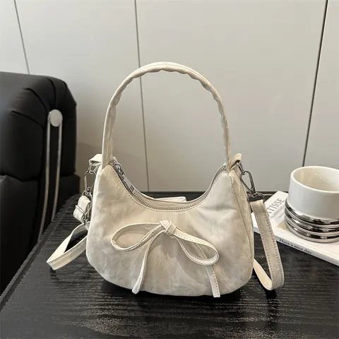 Bolso de Hombro de Media Luna de Cuero PU con Lazo Plisado para Mujer Bolso de Mano de Color Sólido debajo del Brazo