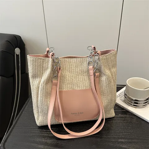 Damen Gewebte Tragetasche Große Kapazität Stroh Umhängetasche Kontrast PU Leder Patch Kette Strap Casual Mode Handtasche