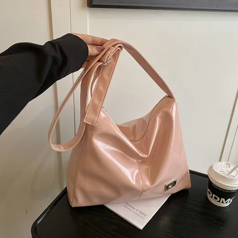 Glossy PU Leather Large Capacity Tote Bag Women Korean Style Underarm Shoulder Bag Adjustable Strap Metal Logo Plate