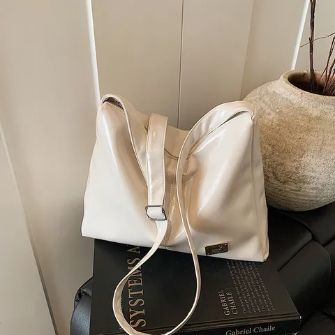 Glossy PU Leather Large Capacity Tote Bag Women Korean Style Underarm Shoulder Bag Adjustable Strap Metal Logo Plate