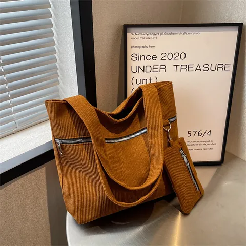 Vintage Corduroy Large Capacity Tote Bag For Women Minimalist Shoulder Handbag With Small Pouch Zipper Casual Commuting Bag