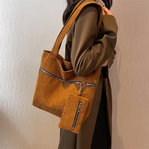 Vintage Corduroy Large Capacity Tote Bag For Women Minimalist Shoulder Handbag With Small Pouch Zipper Casual Commuting Bag
