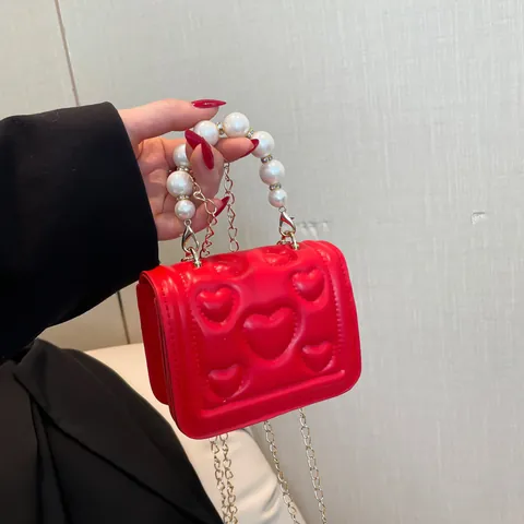 Women Mini Heart Quilted PU Leather Handbag With Faux Pearl Handle Gold Chain Strap Korean Fashion Crossbody Shoulder Bag Small Square Clutch Purse