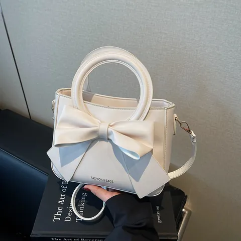 Bolso de Mano Elegante con Lazo para Mujer Cuero PU Color Sólido Asa Redonda Bolso Bandolera para el Trabajo Diario