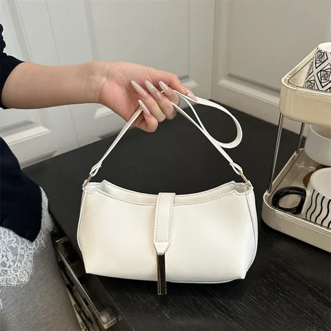 French Style Minimalist Solid Color PU Leather Underarm Bag For Women Commuter Crossbody Shoulder Bag With Gold Metal Buckle