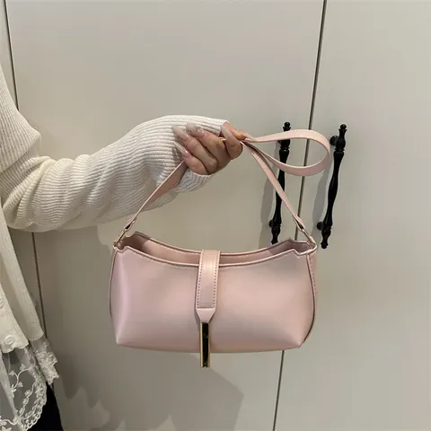 French Style Minimalist Solid Color PU Leather Underarm Bag For Women Commuter Crossbody Shoulder Bag With Gold Metal Buckle