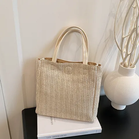 Dames Casual Stro Geweven Tote Tas Minimalistische Visgraat Strandtas Met PU Leren Handvat Zomer Vakantie Handtas