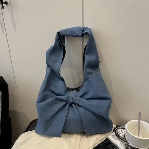 Damen Denim Tote Bag Große Kapazität Casual Mode Große Schleife Umhängetasche Pendler Denim Stoff Alltag Hobo Tasche